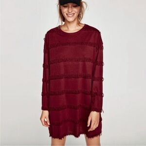NWOT Zara maroon oversized striped fringe long-sleeve mini dress